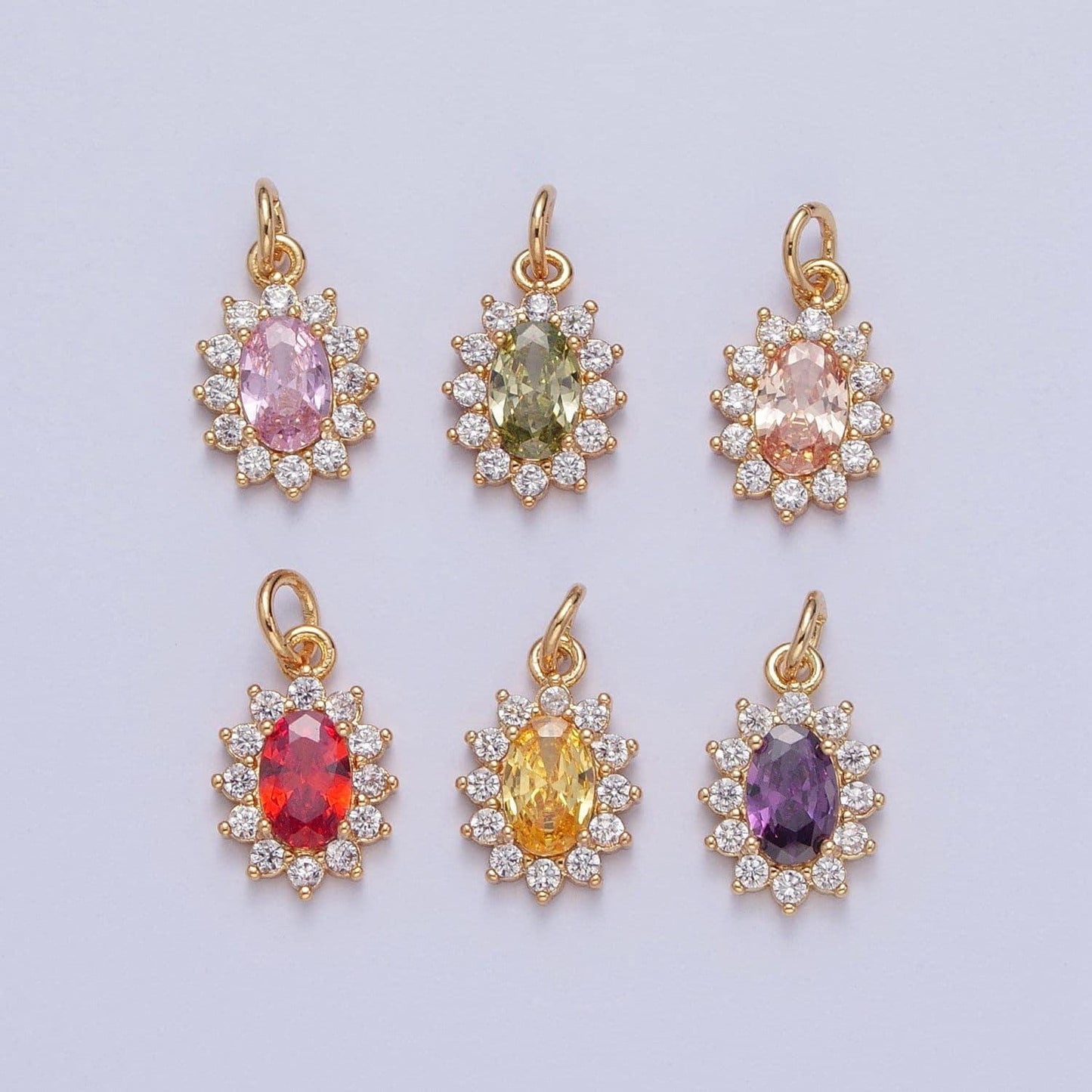 24k gold filled dainty rustic oval flower petals micro pave cz stone pendant, add on charm crystal cz stone for jewelry supply | x-082-x-087