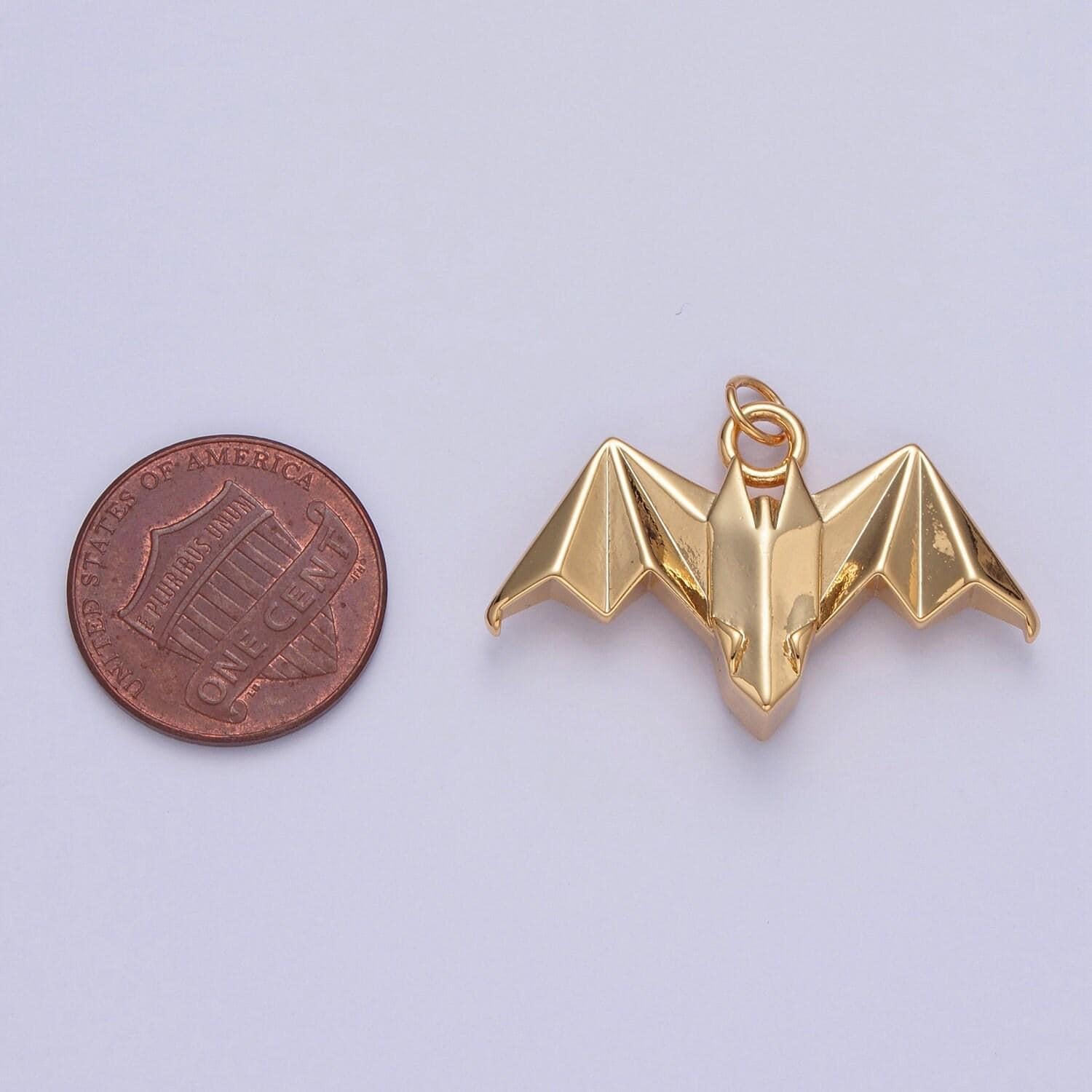 24k gold filled simple origami flying bat pendant, minimalistic paper cave bat charms for diy jewelry | x-080