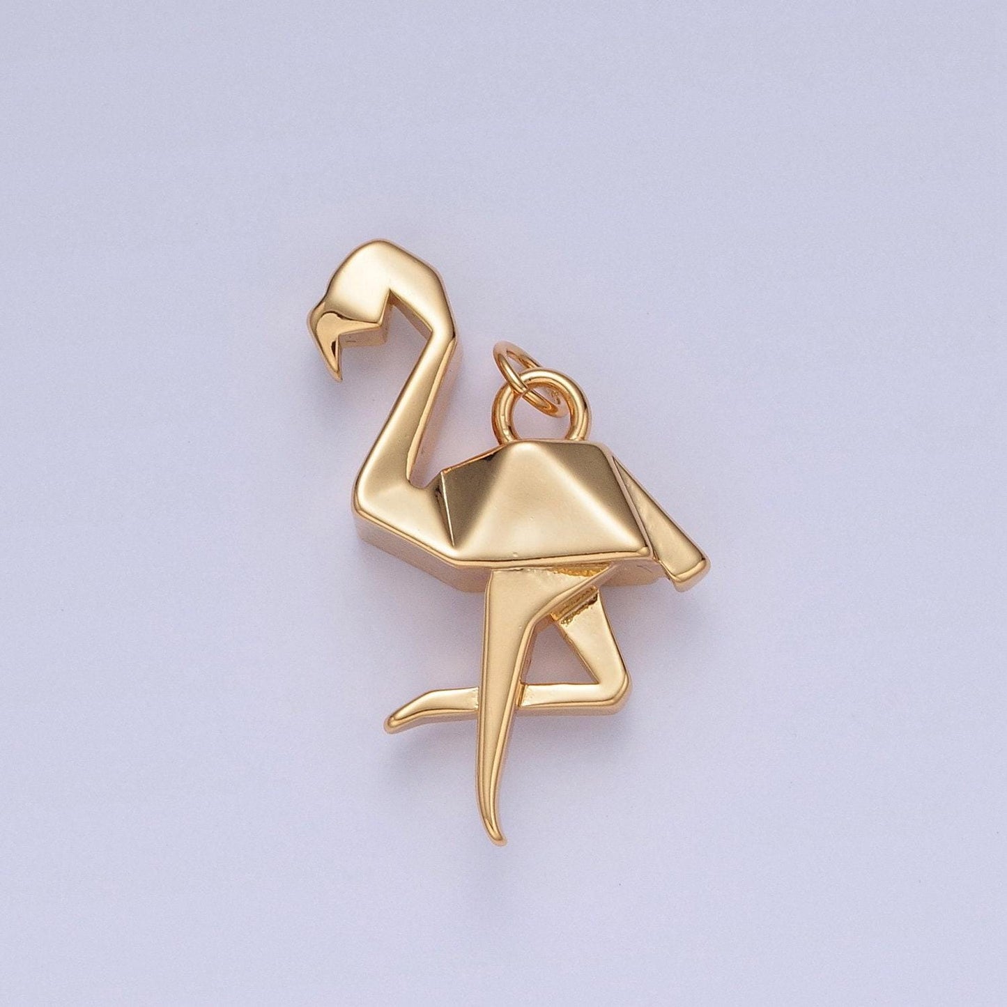 24k gold filled simple origami flamingo pendant, minimalistic paper birds charms for diy jewelry | x-076