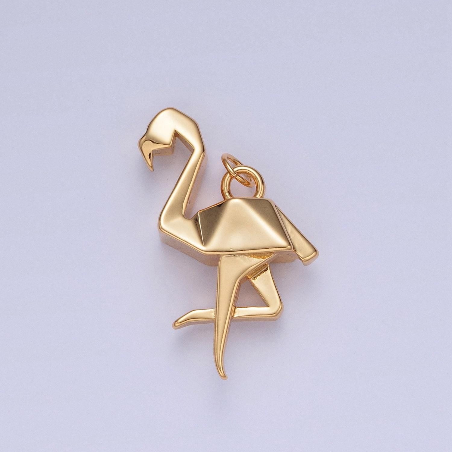24k gold filled simple origami flamingo pendant, minimalistic paper birds charms for diy jewelry | x-076
