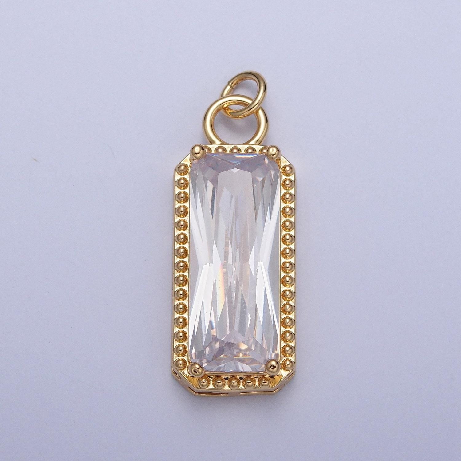 24k gold filled rectangular gemstones teardrop cubic zirconia cz pendant, beaded-edge charm for jewelry necklace making | x-042-x-049