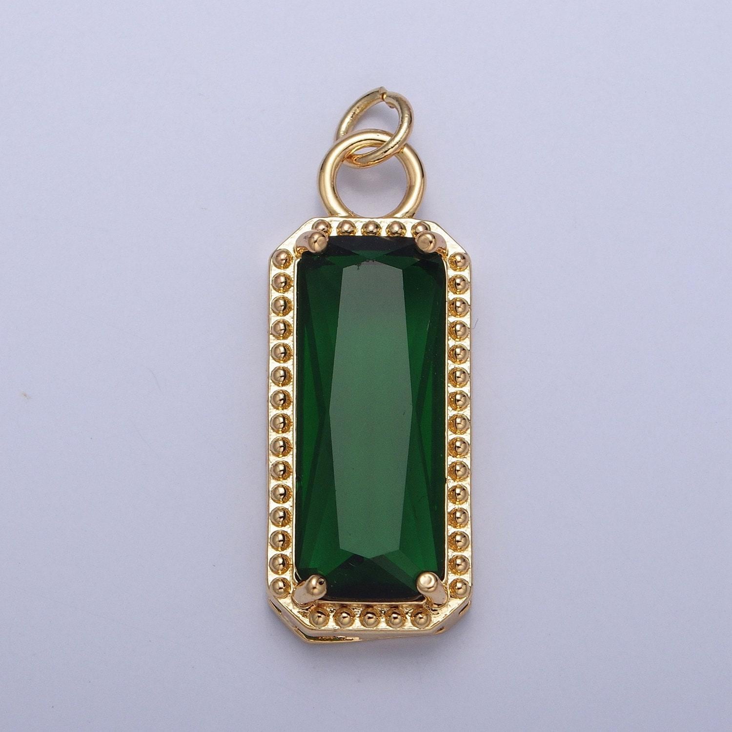 24k gold filled rectangular gemstones teardrop cubic zirconia cz pendant, beaded-edge charm for jewelry necklace making | x-042-x-049