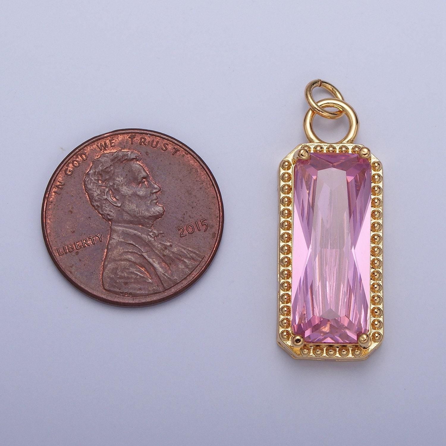 24k gold filled rectangular gemstones teardrop cubic zirconia cz pendant, beaded-edge charm for jewelry necklace making | x-042-x-049