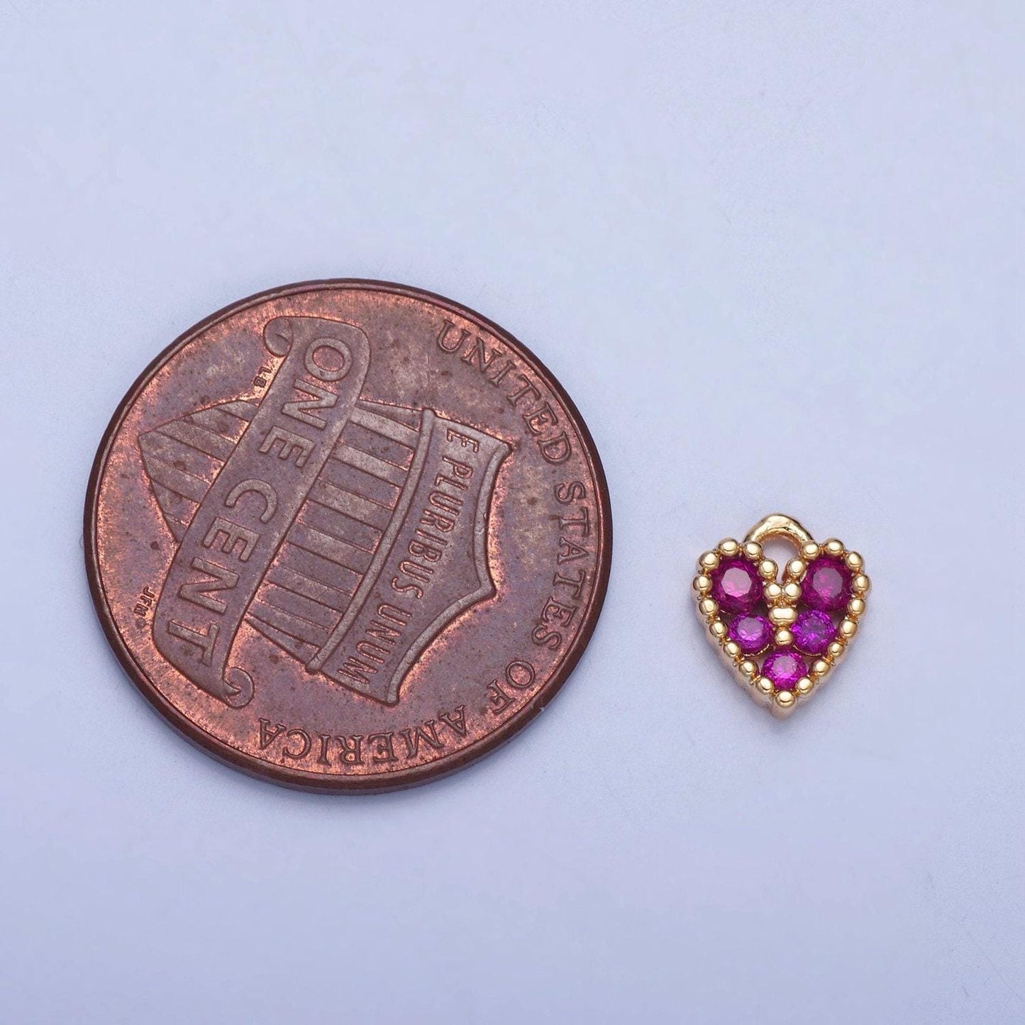 24k gold mini bright magenta pink heart cz clear stone pendant, add on heart charm crystal cz stone for necklace bracelet supply | x-032