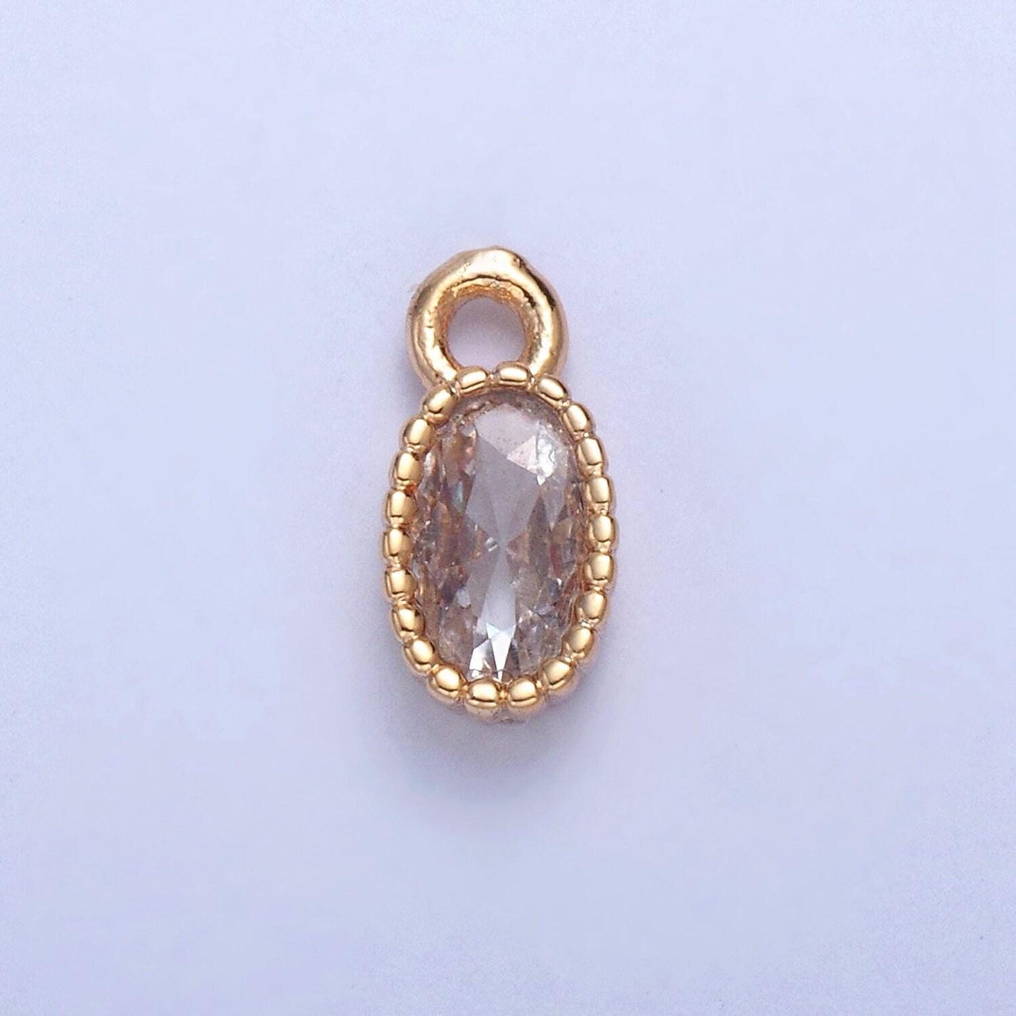 24k gold mini oval cz clear stone pendant w. tiny oval edges add on charm dainty crystal cz stone for necklace bracelet supply | x-023