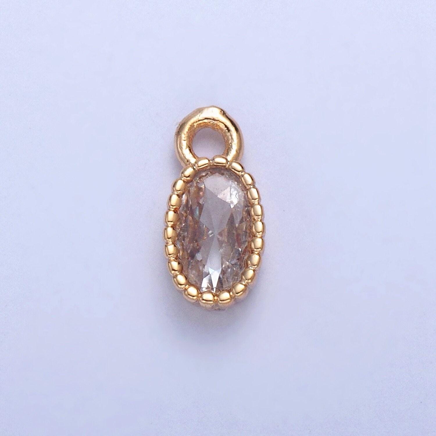 24k gold mini oval cz clear stone pendant w. tiny oval edges add on charm dainty crystal cz stone for necklace bracelet supply | x-023