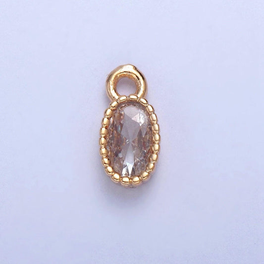 24k gold mini oval cz clear stone pendant w. tiny oval edges add on charm dainty crystal cz stone for necklace bracelet supply | x-023