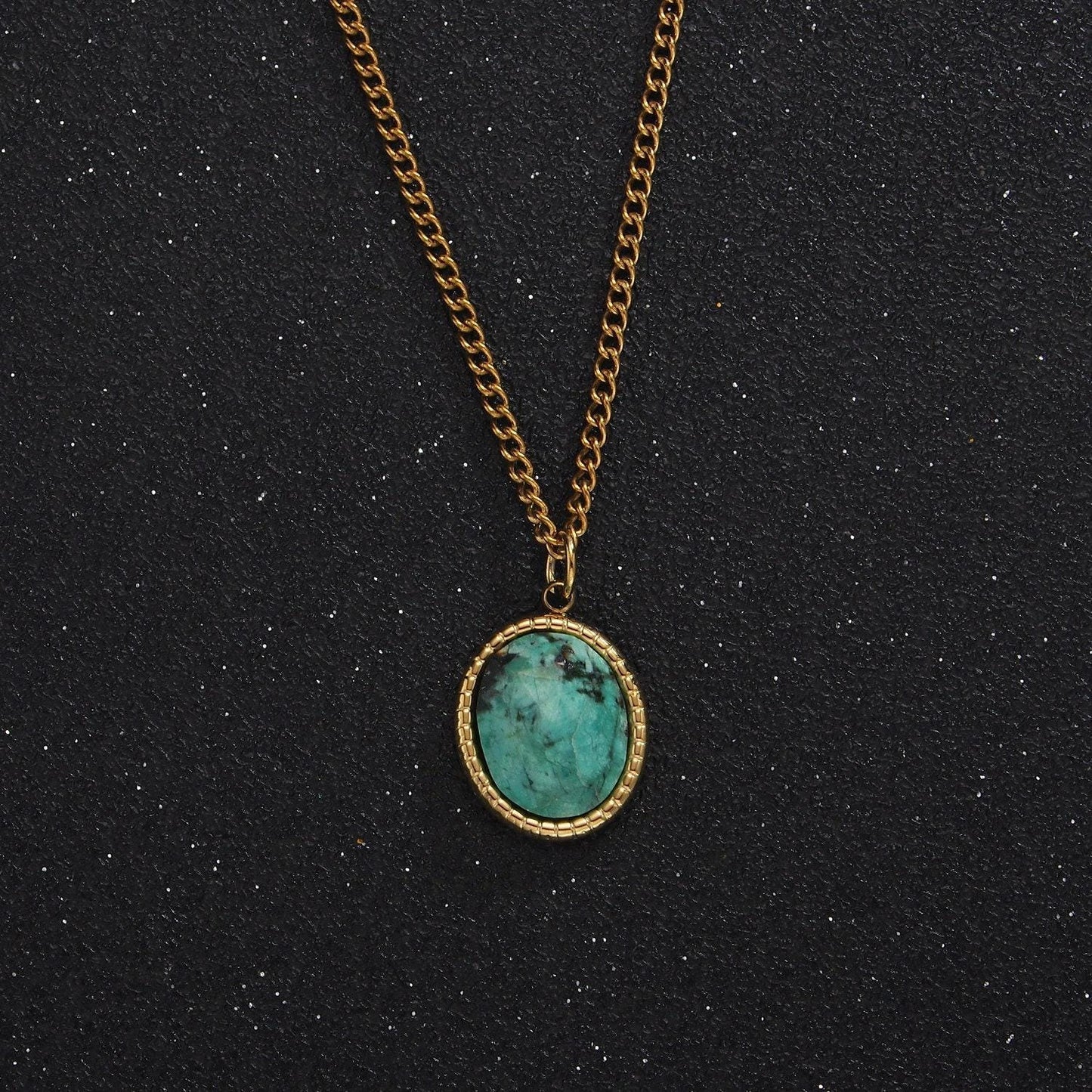 Stainless steel turquoise oval bezel curb chain 16 inch necklace w. extender | wa-2471