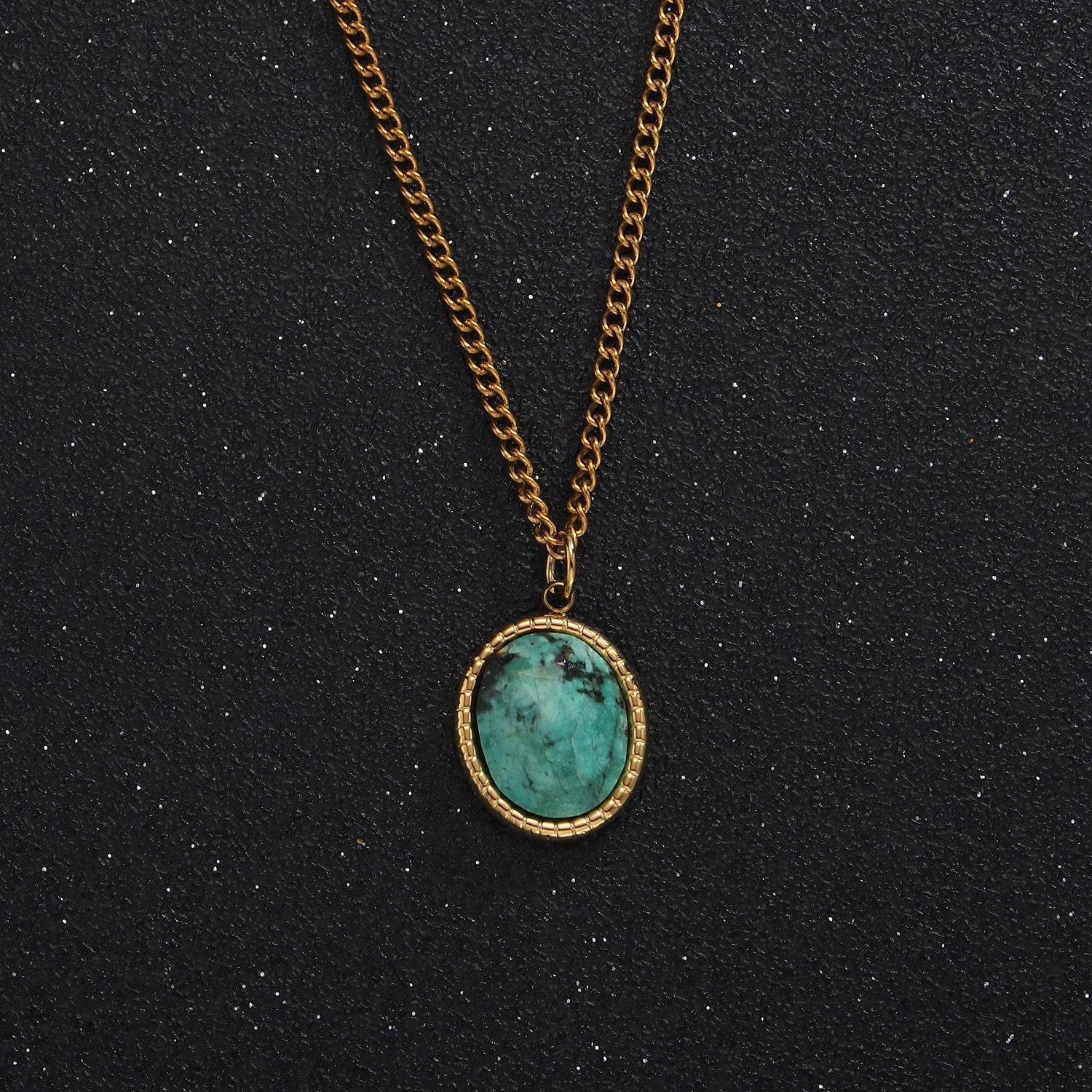 Stainless steel turquoise oval bezel curb chain 16 inch necklace w. extender | wa-2471