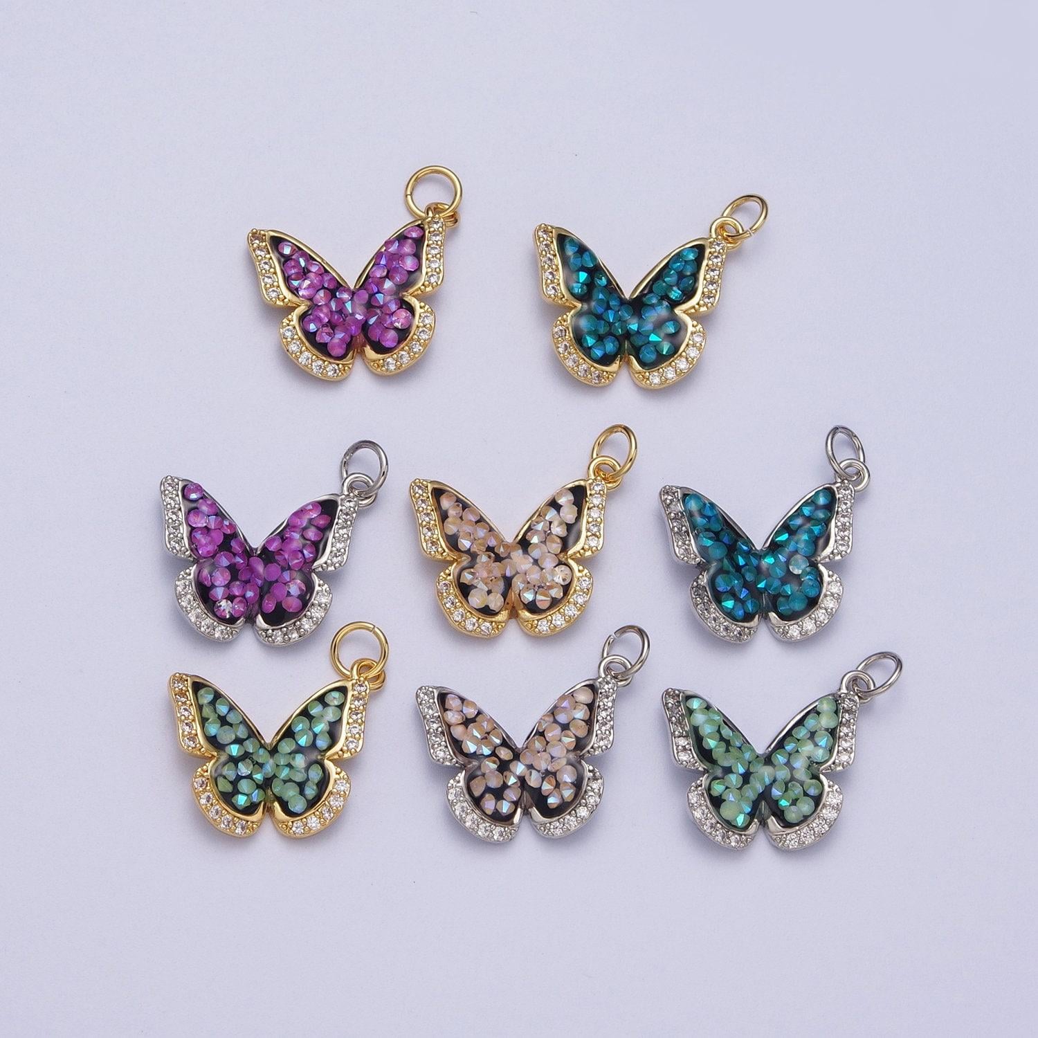 Dainty gold cz mariposa butterfly pendant, 24k gold filled micro paved clear cz colored ab stone mariposa butterflies charm