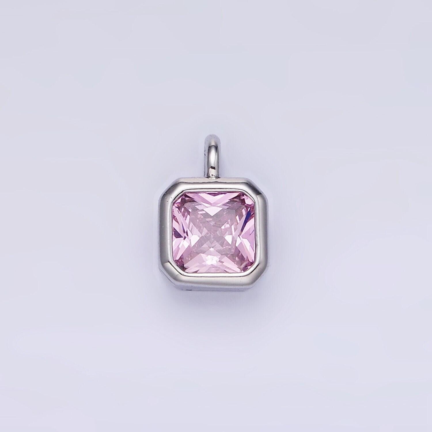 Silver square multifaceted cubic zirconia stone personalized tag add-on charm birthstone charm earring bracelet supply | w759