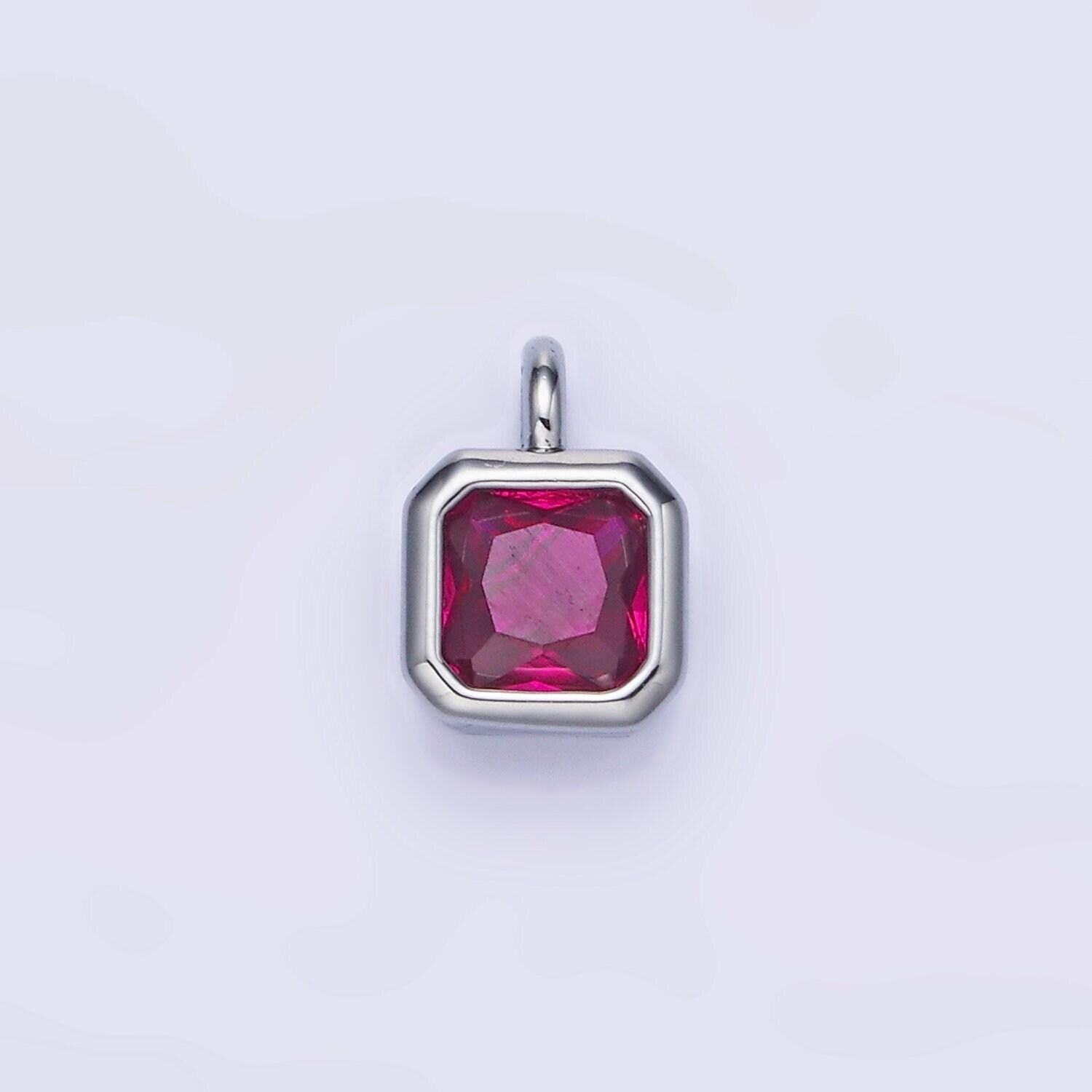 Silver square multifaceted cubic zirconia stone personalized tag add-on charm birthstone charm earring bracelet supply | w759