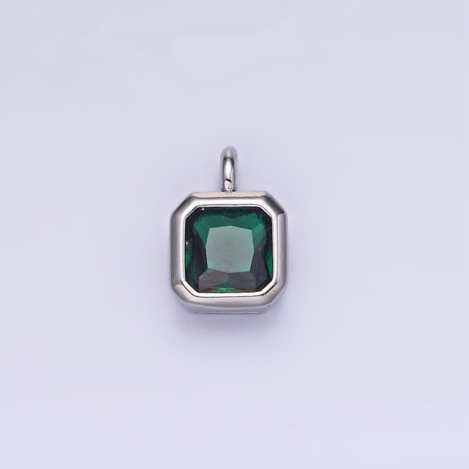 Silver square multifaceted cubic zirconia stone personalized tag add-on charm birthstone charm earring bracelet supply | w759