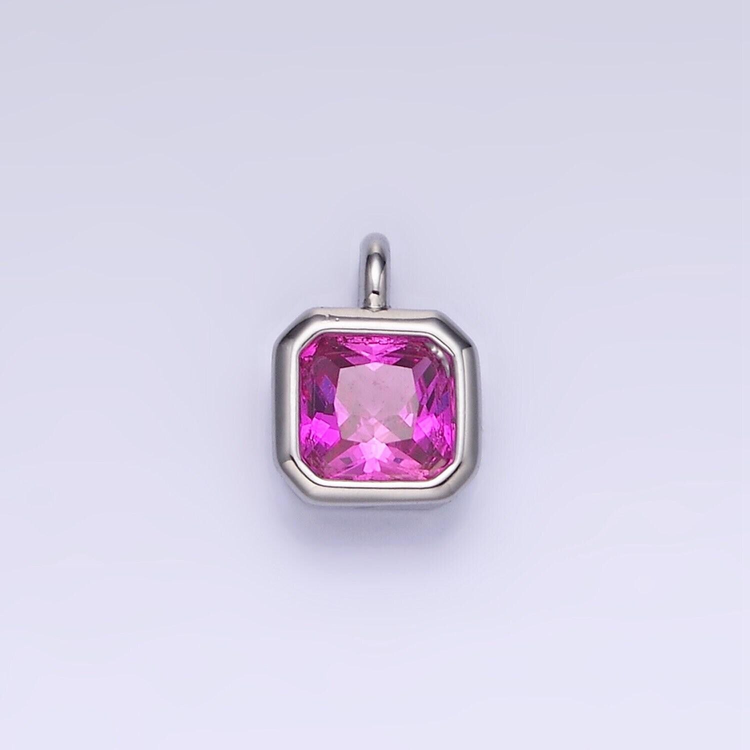 Silver square multifaceted cubic zirconia stone personalized tag add-on charm birthstone charm earring bracelet supply | w759