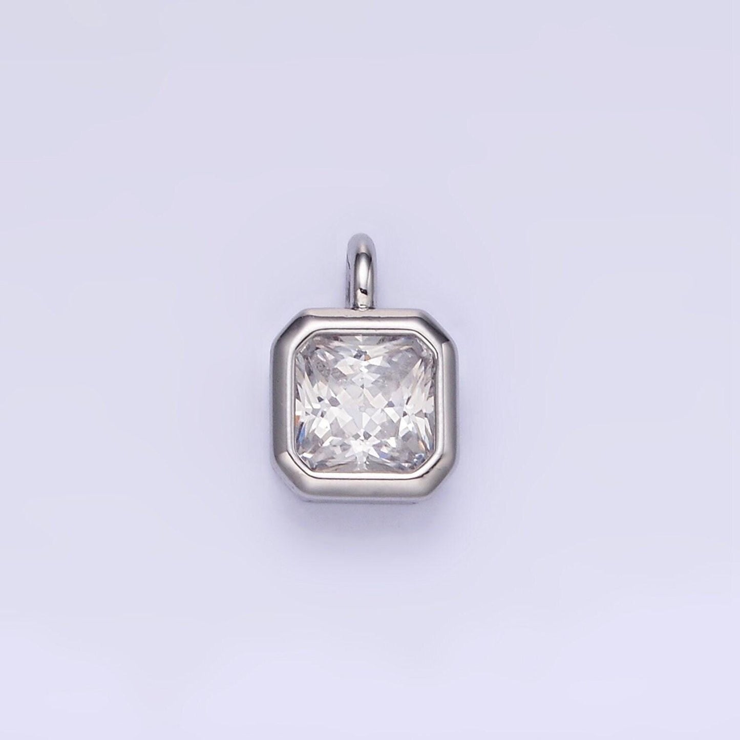 Silver square multifaceted cubic zirconia stone personalized tag add-on charm birthstone charm earring bracelet supply | w759