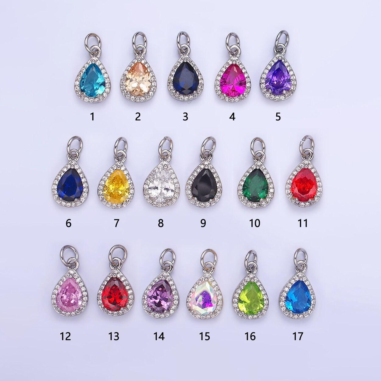 Teardrop birthstone cz silver charms | w704-w712