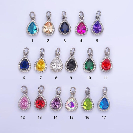 Teardrop birthstone cz silver charms | w704-w712