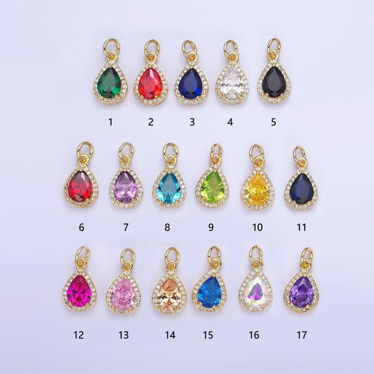 Teardrop birthstone cz gold charms | w704-w712