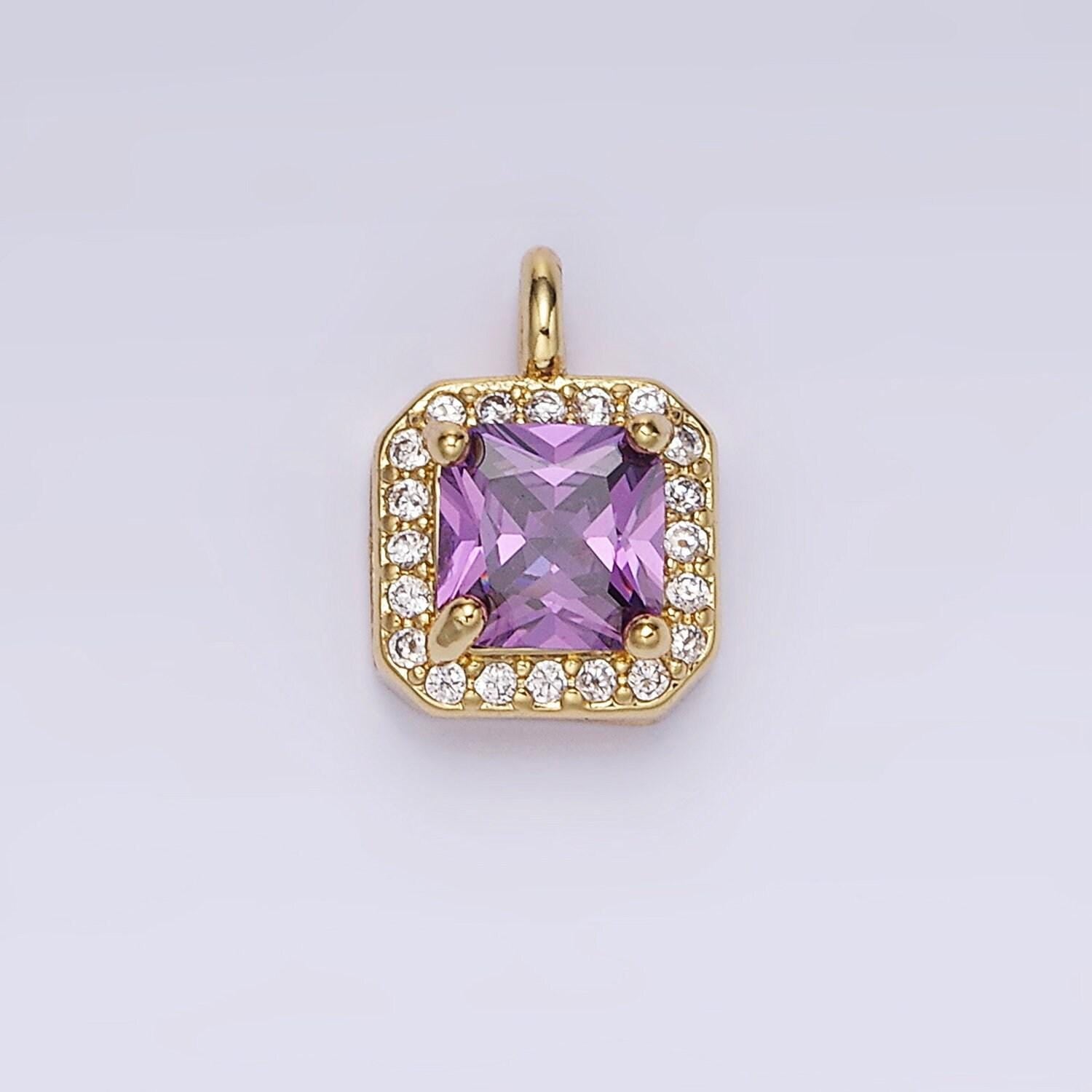 24k gold filled 7.5mm multifaceted birthstone cz square personalized charm | w-684