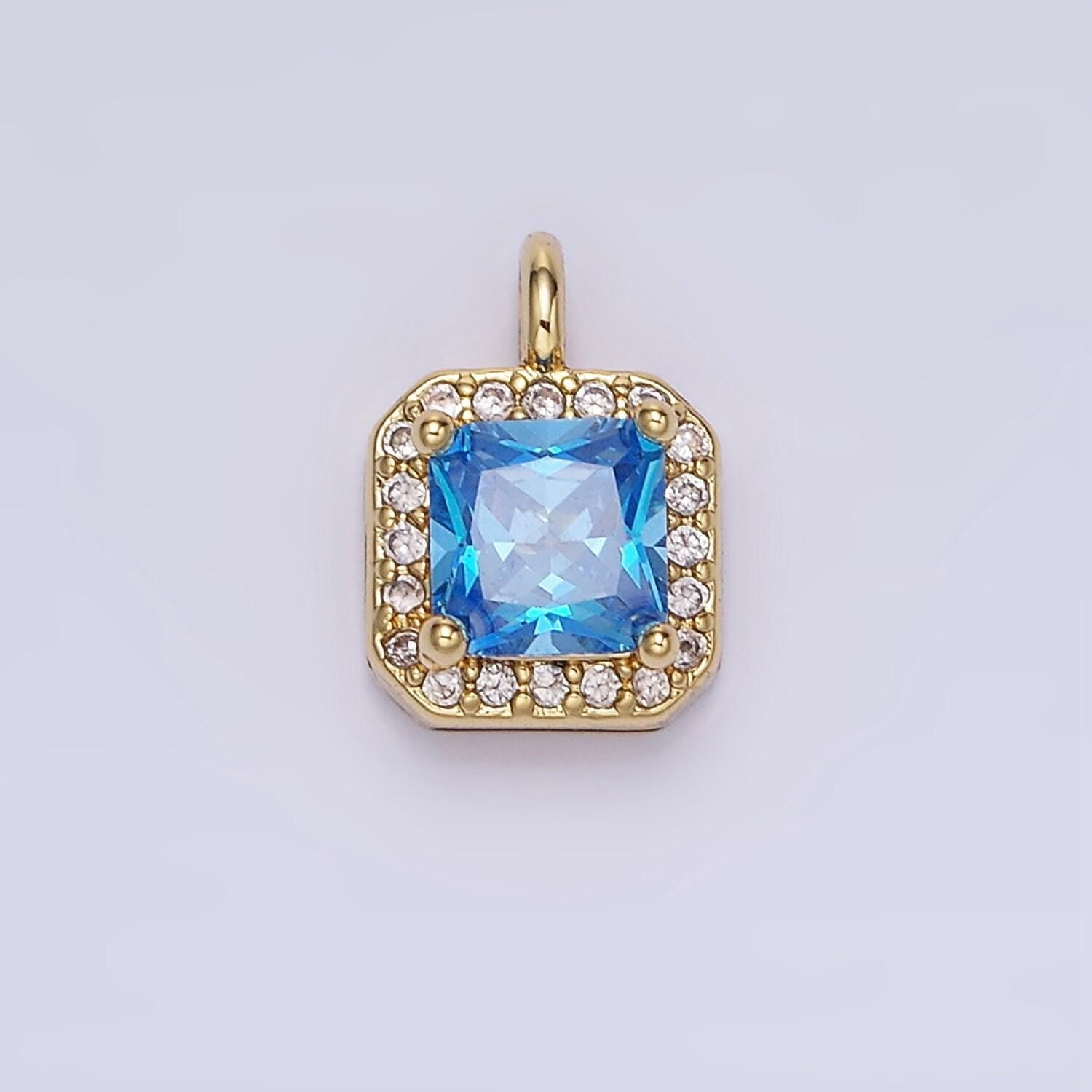 24k gold filled 7.5mm multifaceted birthstone cz square personalized charm | w-684