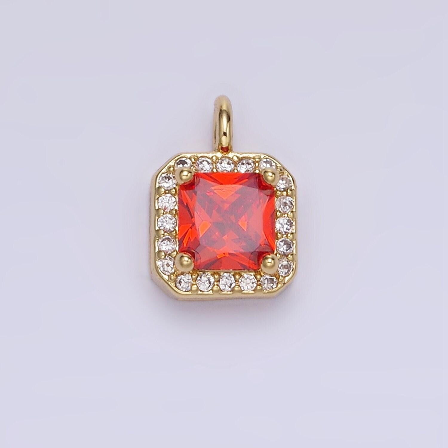24k gold filled 7.5mm multifaceted birthstone cz square personalized charm | w-684