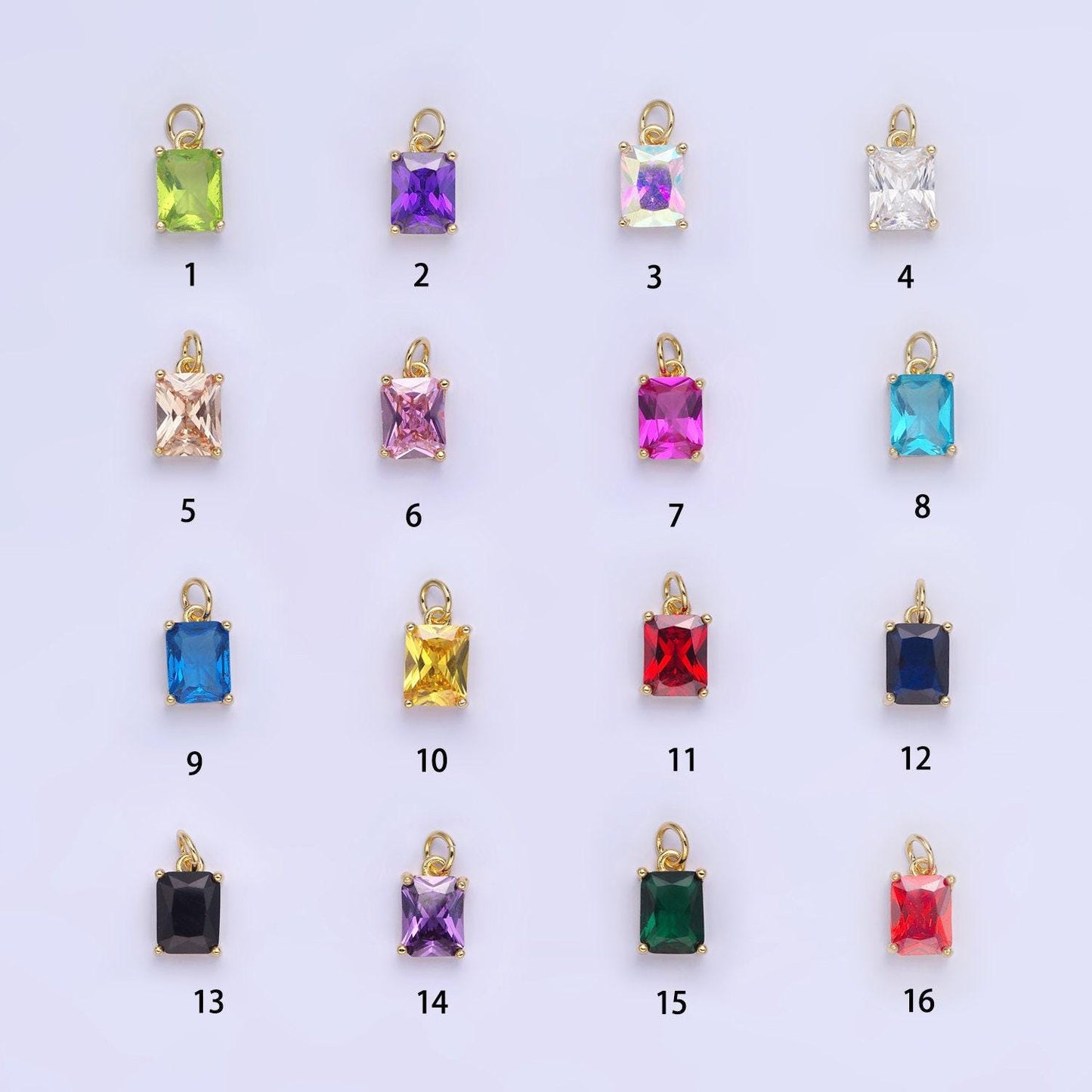 15mm cz cubic zirconia baguette charm in gold & silver | w607 - w622