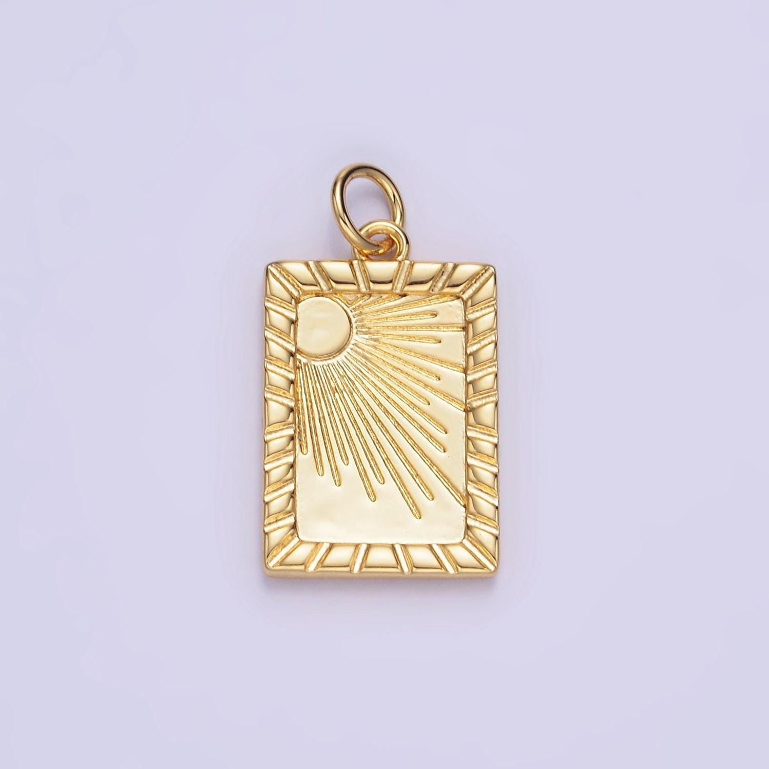 14k gold filled celestial sun ray lined tag charm in gold & silver | w-563