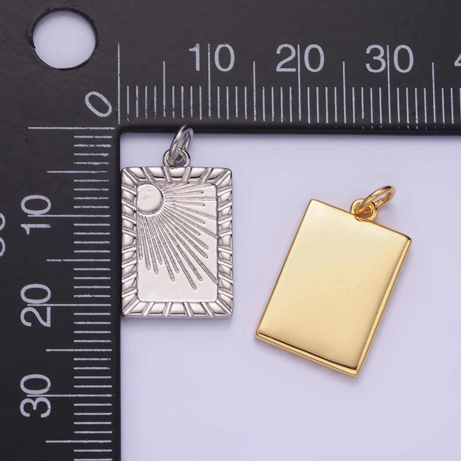 14k gold filled celestial sun ray lined tag charm in gold & silver | w-563