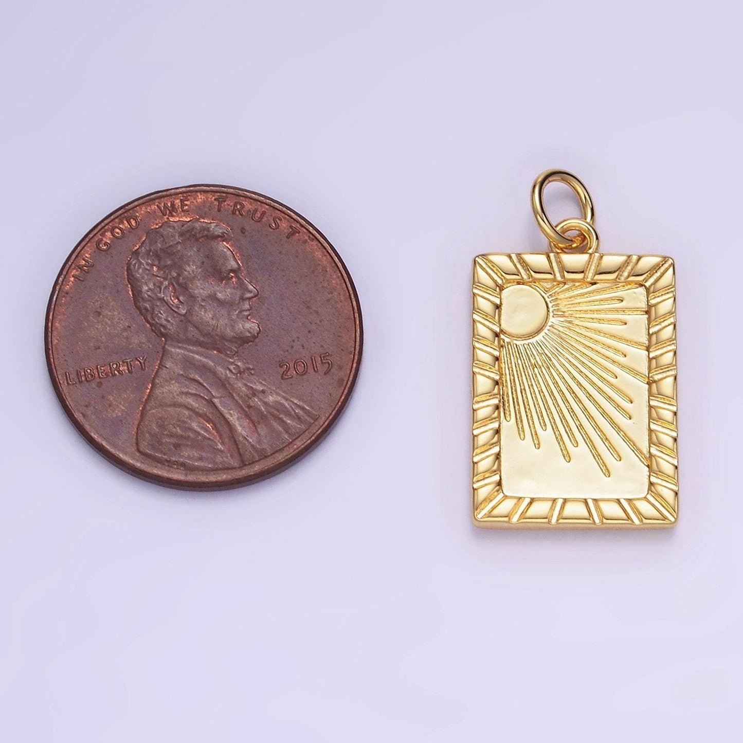 14k gold filled celestial sun ray lined tag charm in gold & silver | w-563