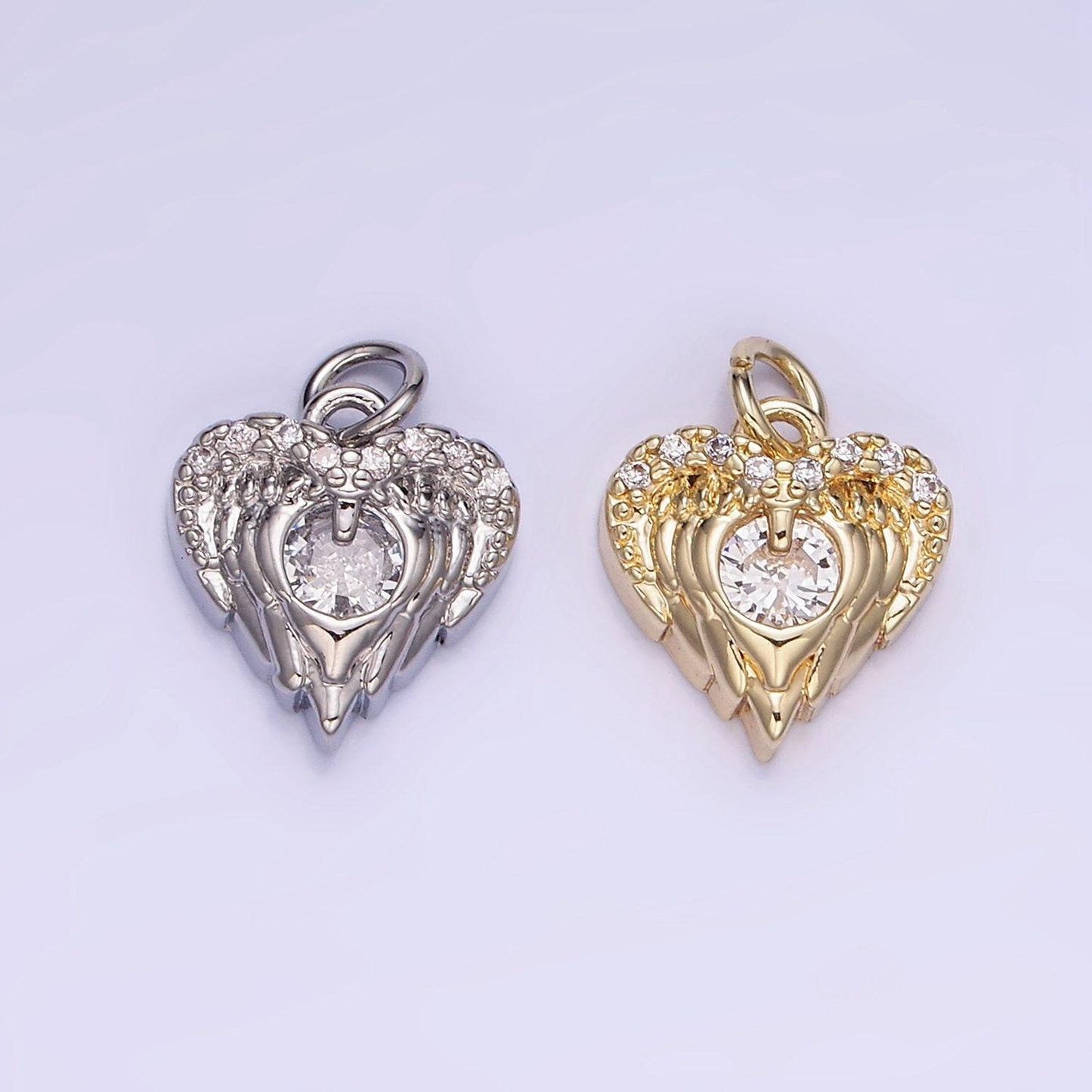 Tiny silver gold angel wing charm with cz stone heart guardian angel pendant for bracelet necklace charm w-536