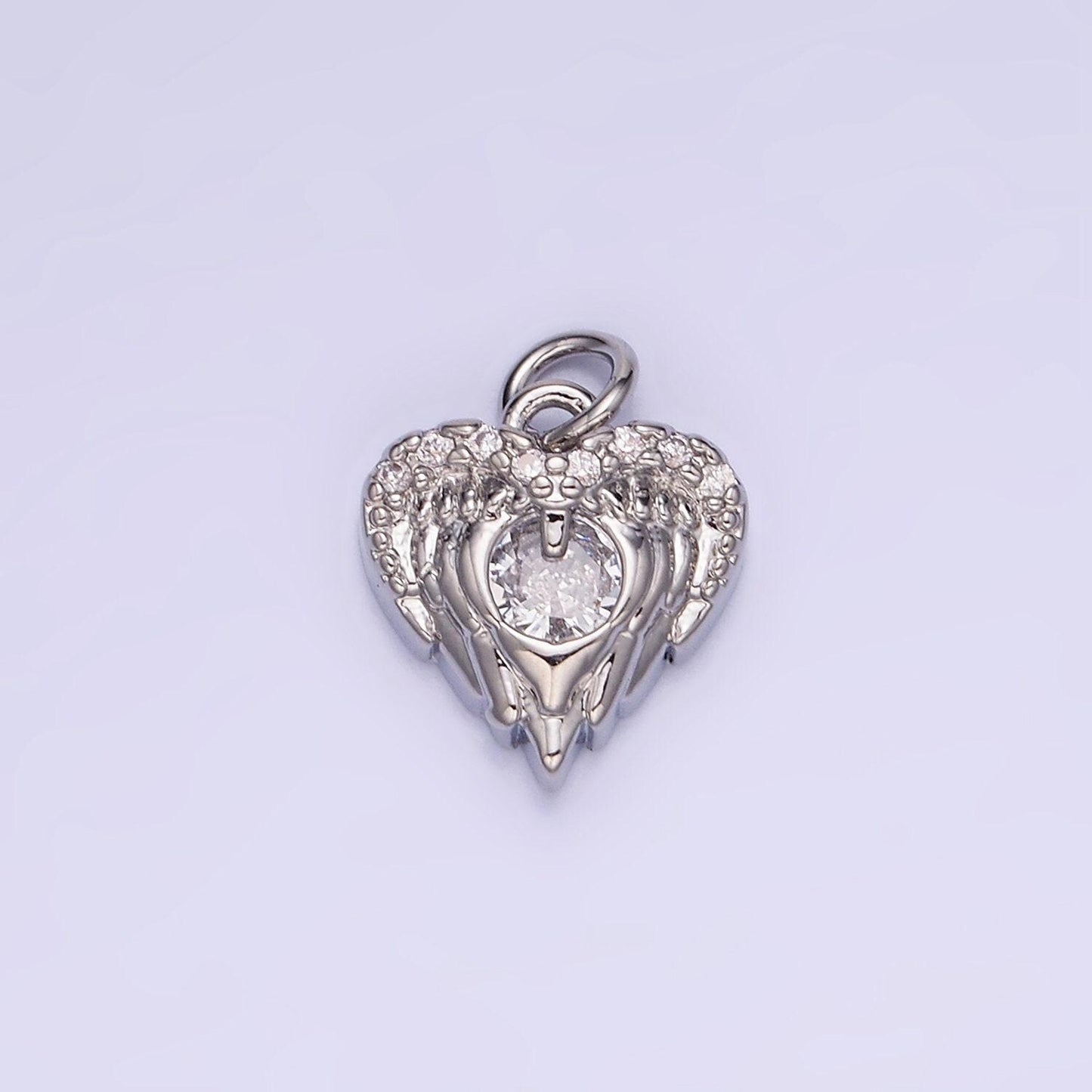 Tiny silver gold angel wing charm with cz stone heart guardian angel pendant for bracelet necklace charm w-536
