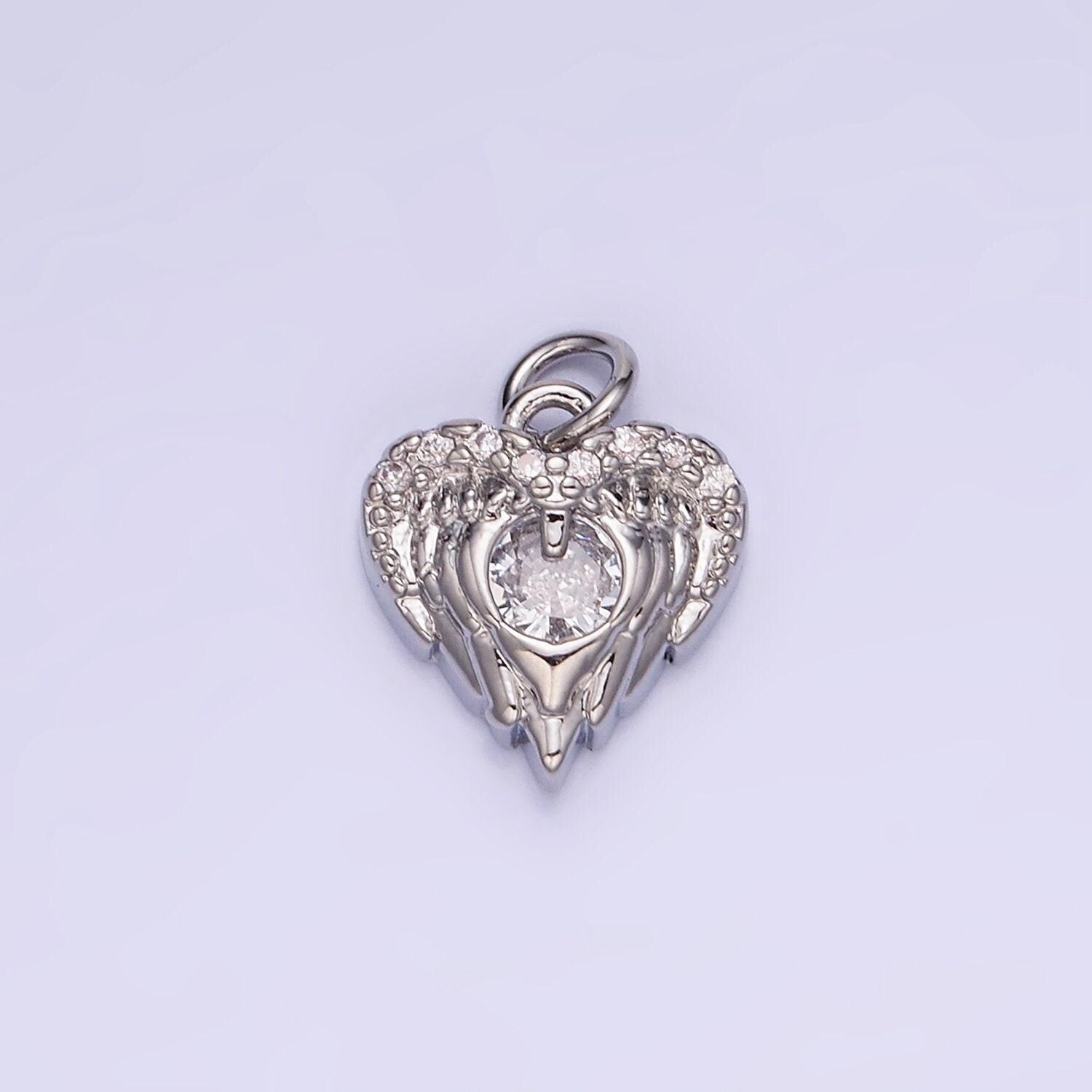 Tiny silver gold angel wing charm with cz stone heart guardian angel pendant for bracelet necklace charm w-536