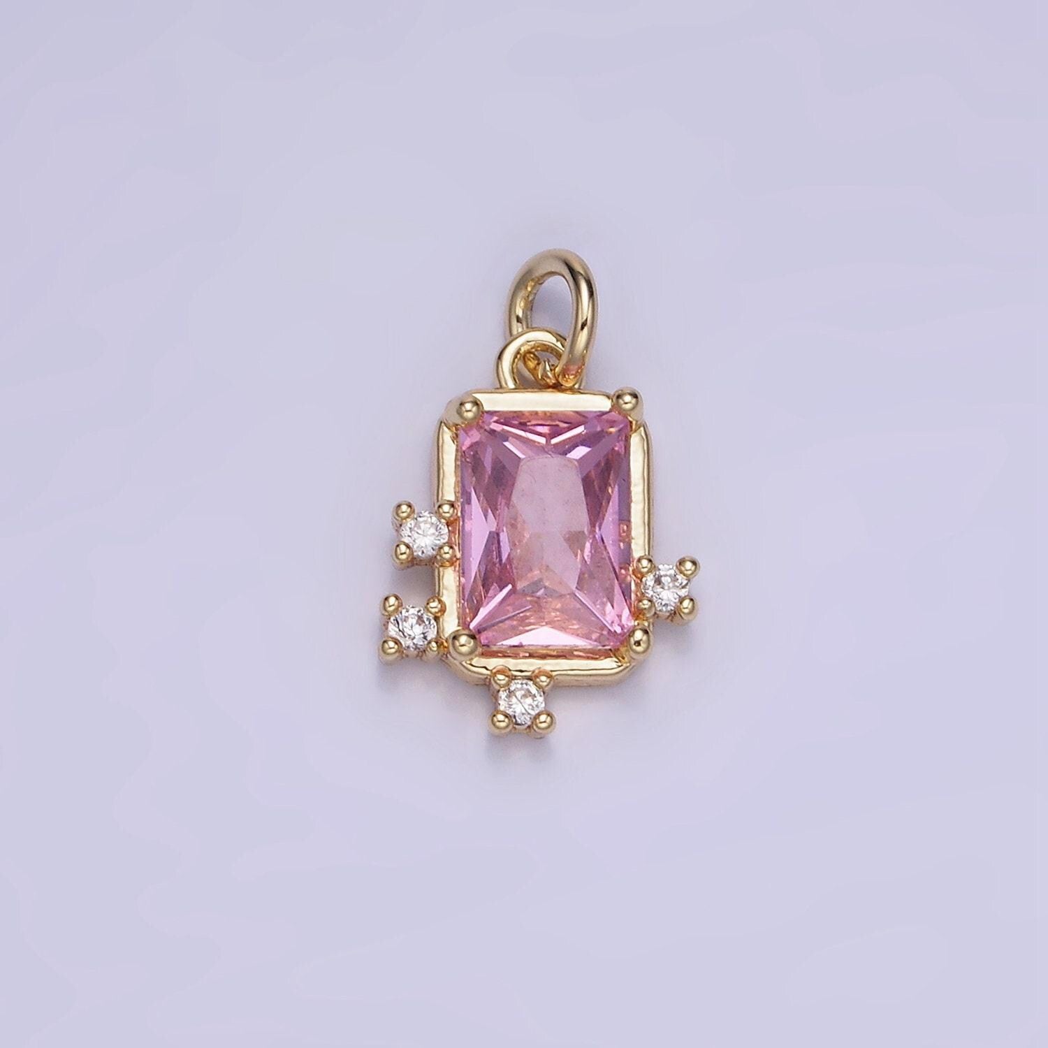 14k gold filled pink, clear, fuchsia emerald cut cz bezel charm in gold & silver | w533 - w535