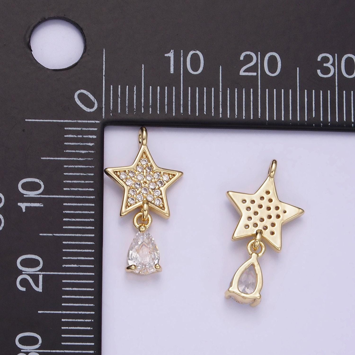 Gold star charm necklace, drop tear drop cz charm for necklace bracelet earring celestial jewelry making supply w531