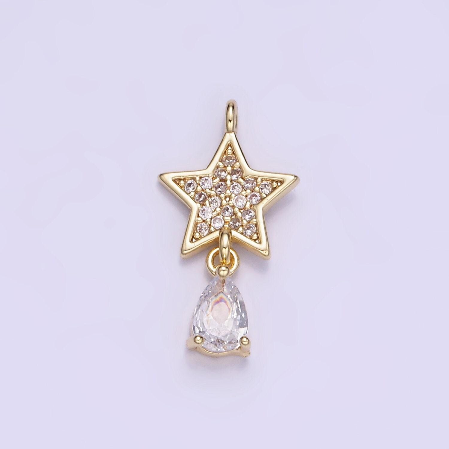 Gold star charm necklace, drop tear drop cz charm for necklace bracelet earring celestial jewelry making supply w531