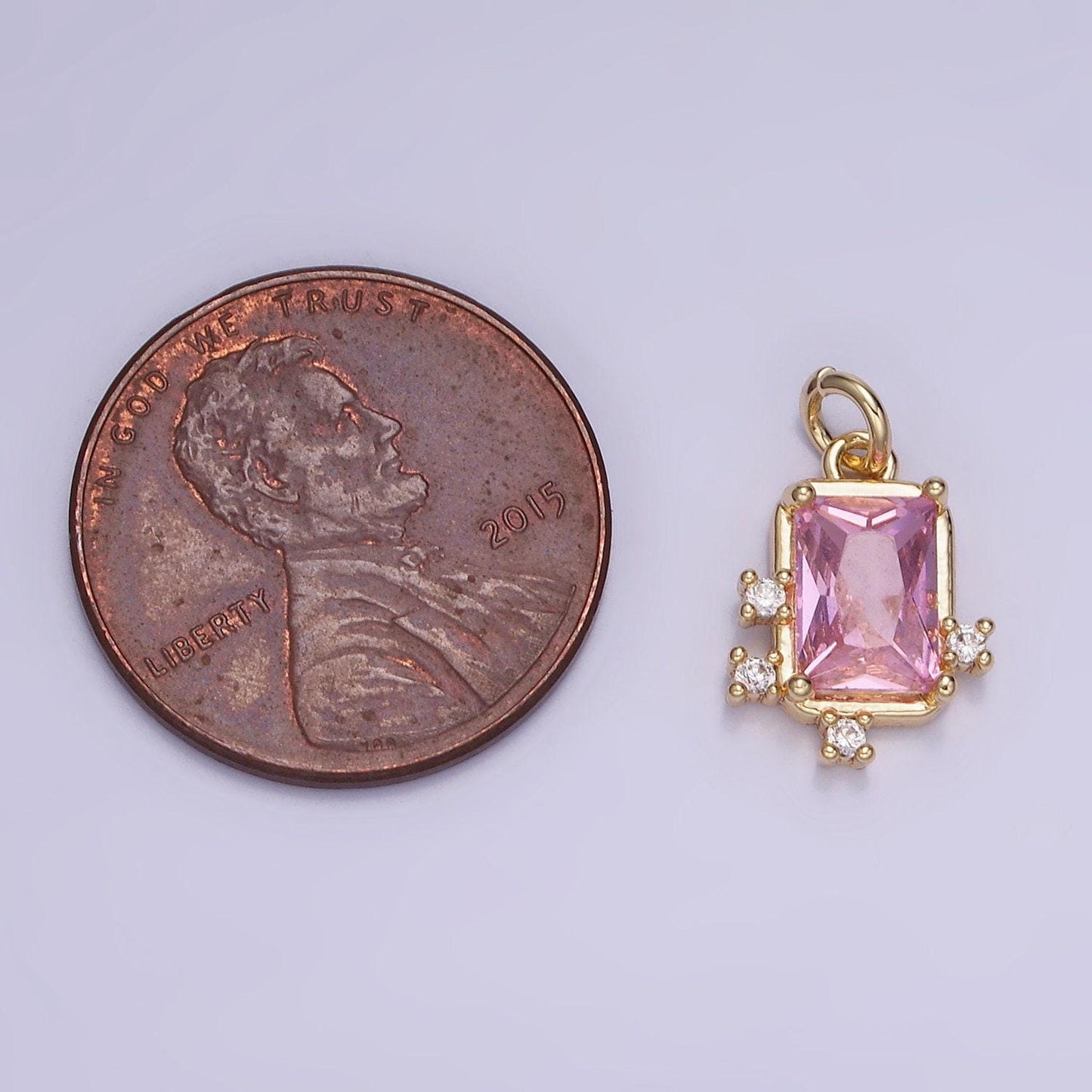 14k gold filled pink, clear, fuchsia emerald cut cz bezel charm in gold & silver | w533 - w535