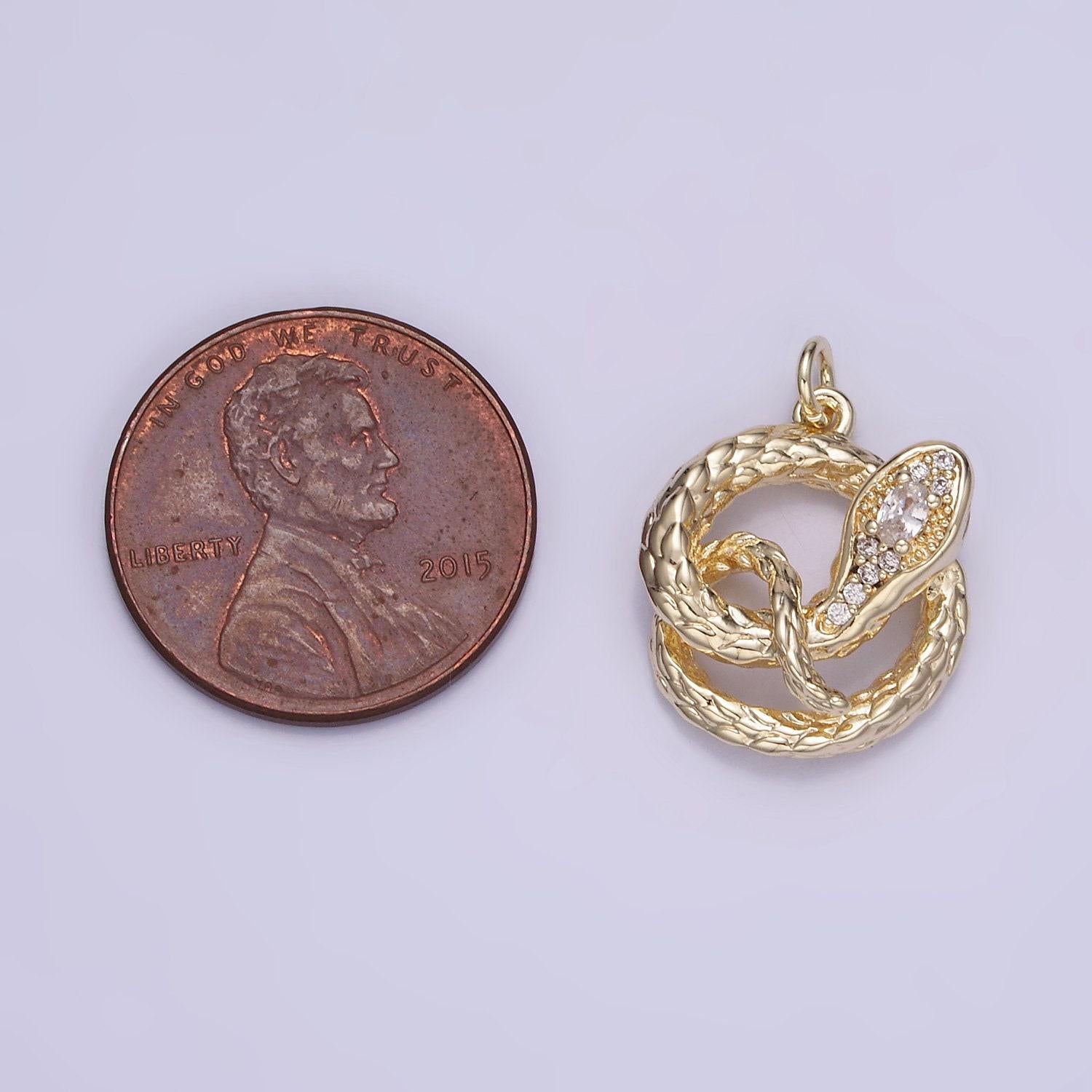 14k gold filled snake charms, serpent pendant, micro pave snake charm coin charm for bracelet necklace w527