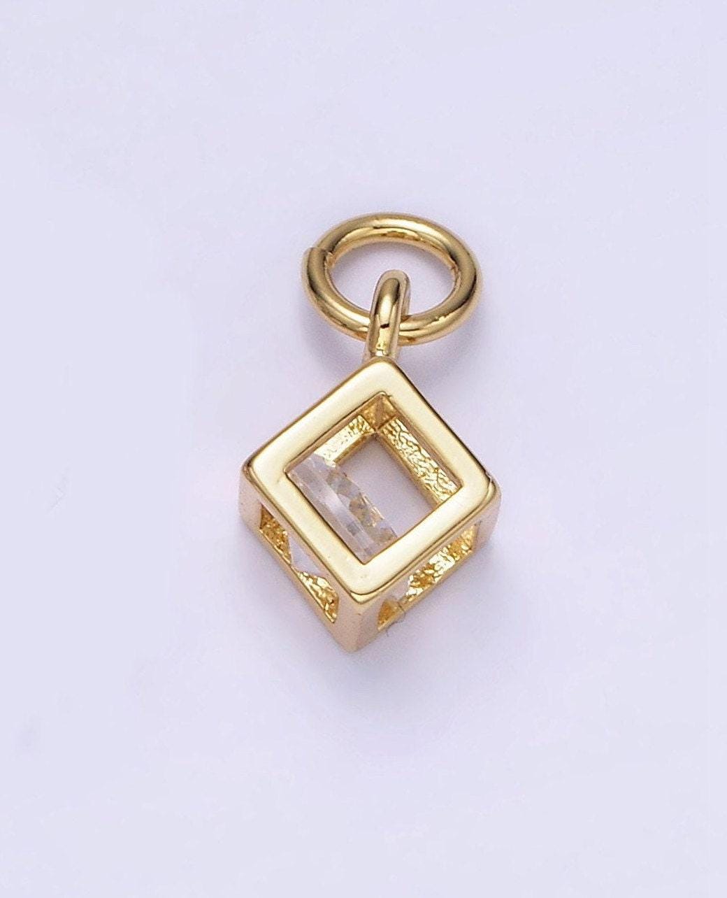 Mini 14k gold filled cube charm geometric pendant with clear cz stone | w-508