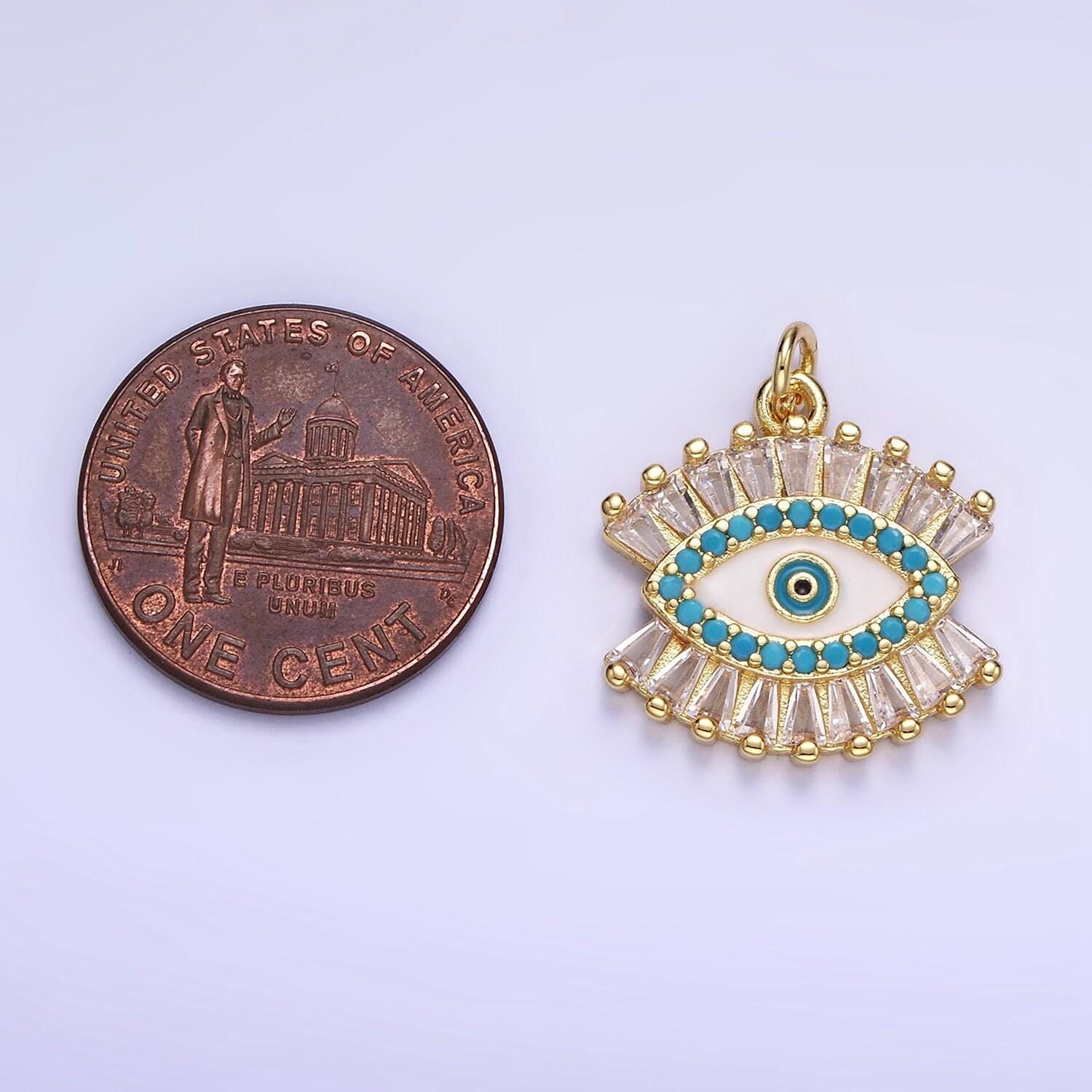 14k gold filled evil eye micro paved baguette cz eye charm | w-505
