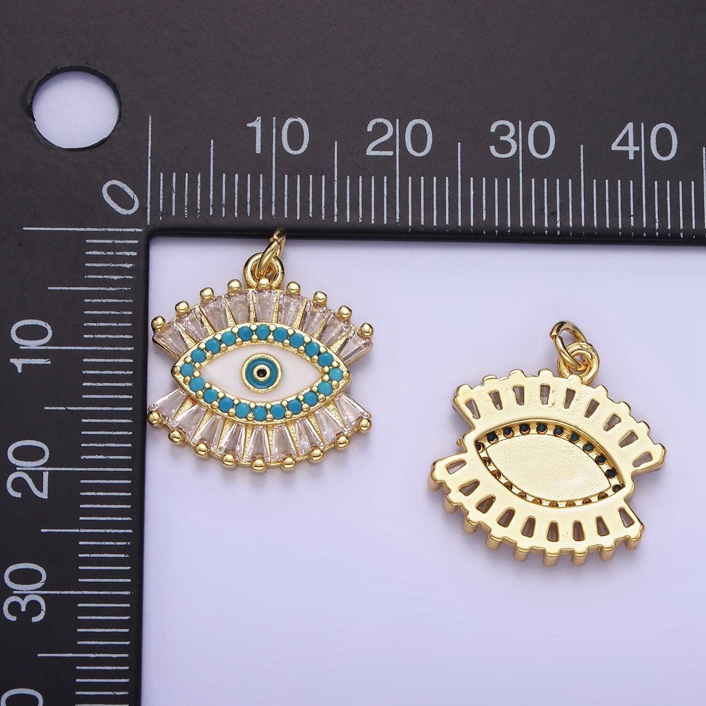 14k gold filled evil eye micro paved baguette cz eye charm | w-505