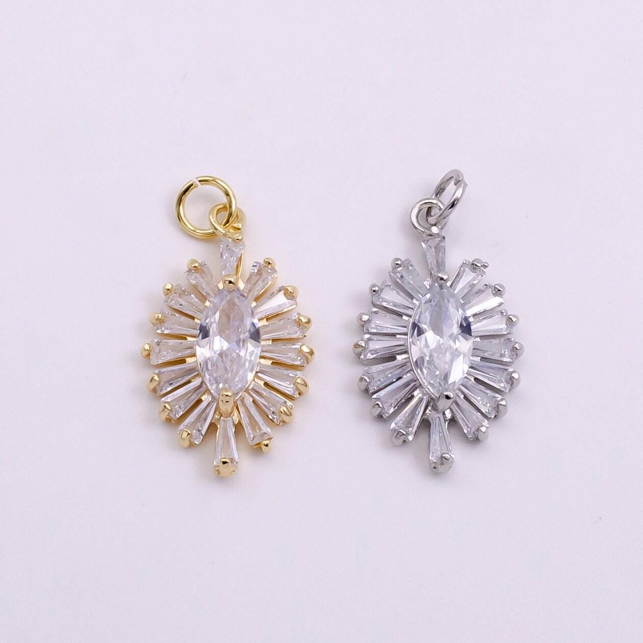 14k gold filled clear marquise baguette ray charm in gold & silver evil eye pendant | w479 w480