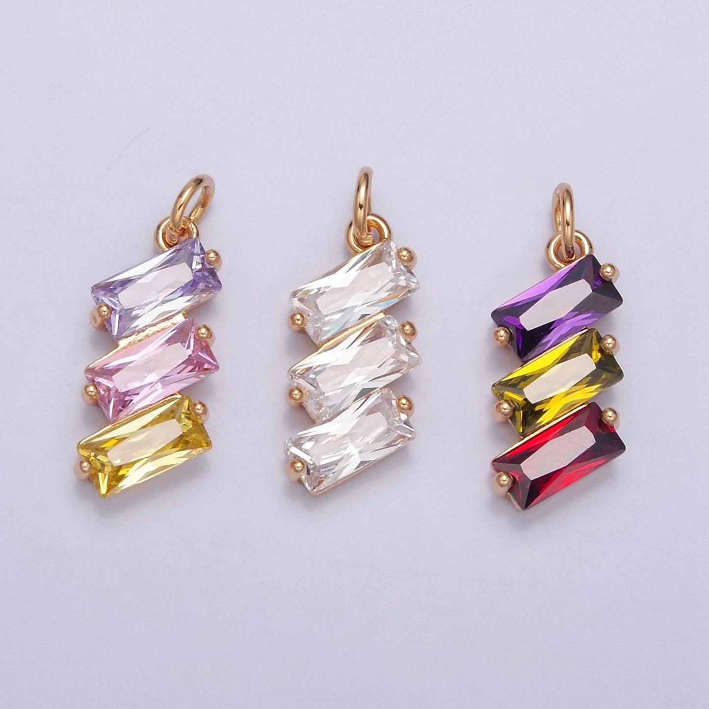 3-stone baguette clear / rainbow cz pendant necklace bracelet add on charm for diy jewelry making, w-196 w-197 w-198