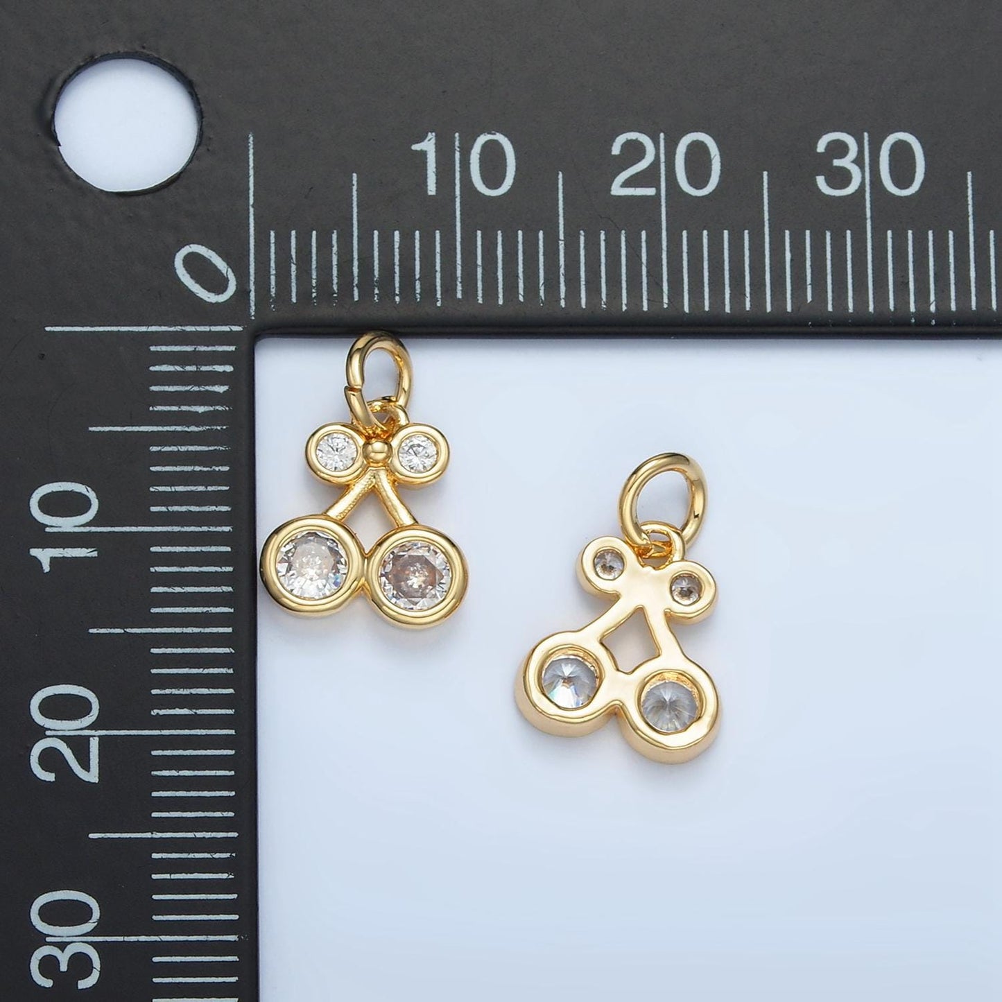 Double stem clear cz cherries gold filled mini fruit charm | ac-820