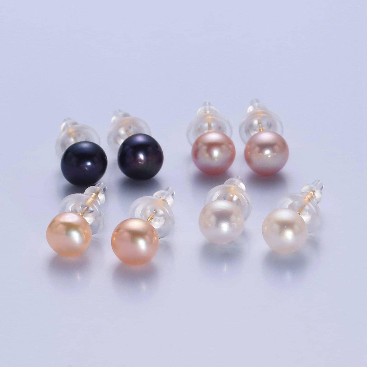Minimalist silver pearl studs, 7.4mm-8mm round white/pink/purple silver earrings, jewelry for bridal engagement | t-378, t-379, v-399