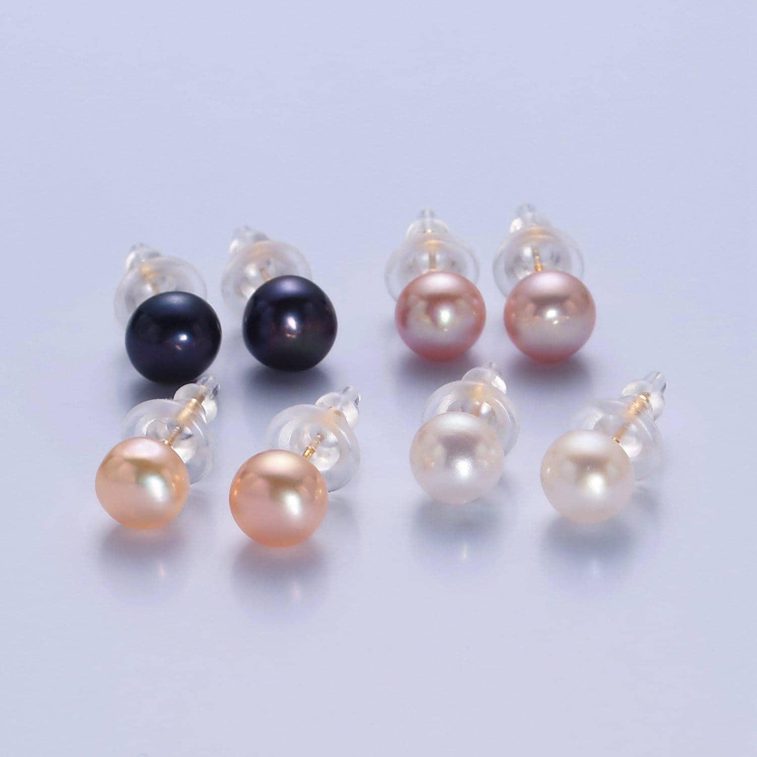 Minimalist silver pearl studs, 7.4mm-8mm round white/pink/purple silver earrings, jewelry for bridal engagement | t-378, t-379, v-399