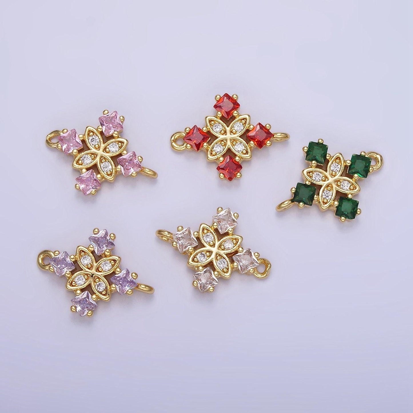 14k gold filled clear, purple, green, red, pink rhombus cz flower connector | g339 - g341