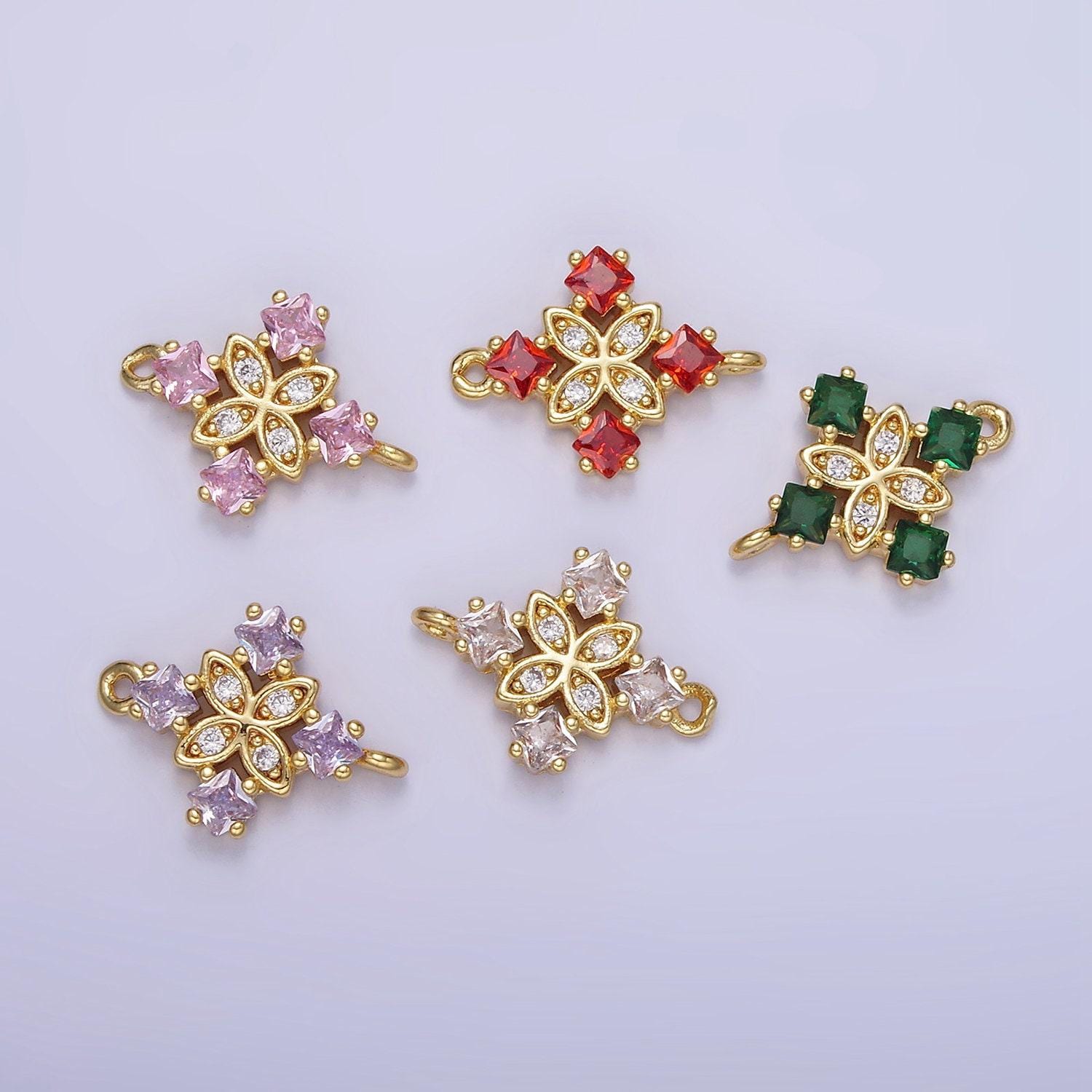 14k gold filled clear, purple, green, red, pink rhombus cz flower connector | g339 - g341