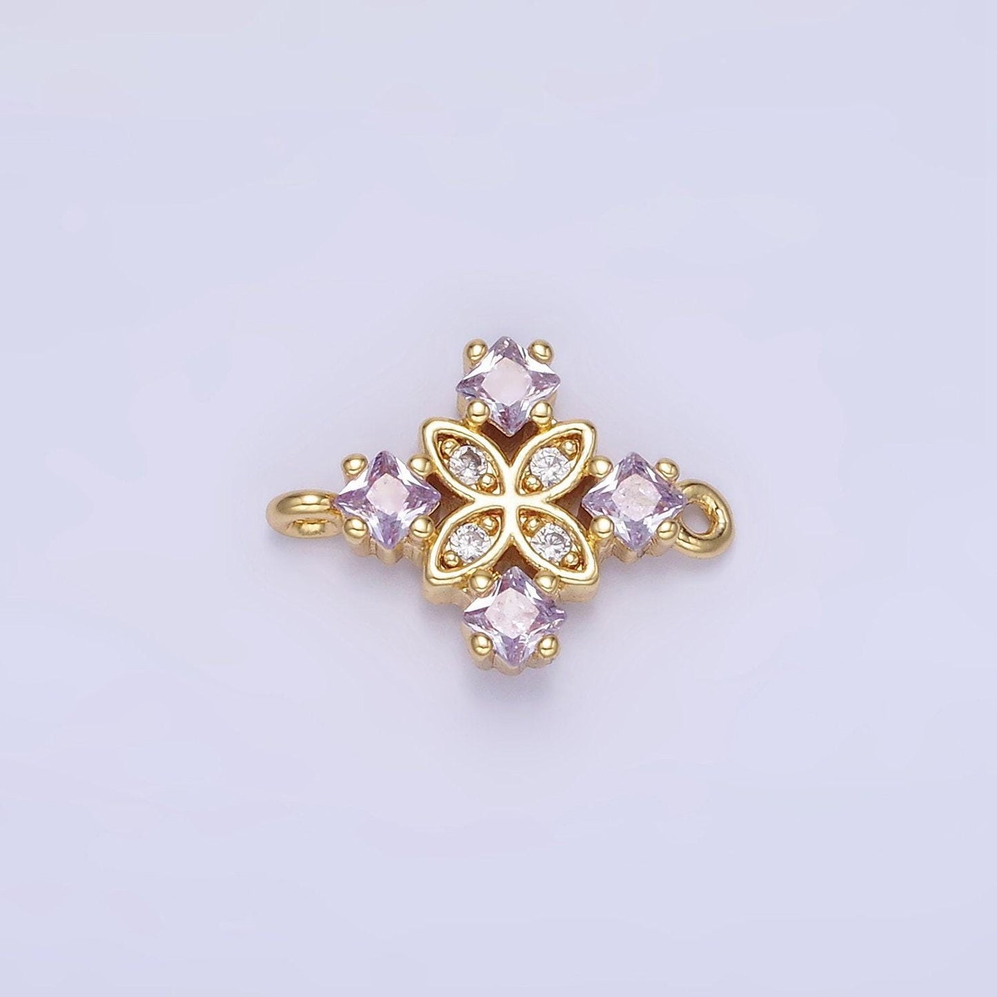 14k gold filled clear, purple, green, red, pink rhombus cz flower connector | g339 - g341