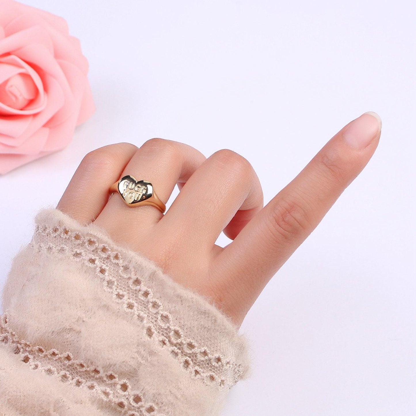 Gold fuck you ring, heart fuck you ring, heart signet ring, gold jewelry, heart shaped signet ring, break up ring s-377