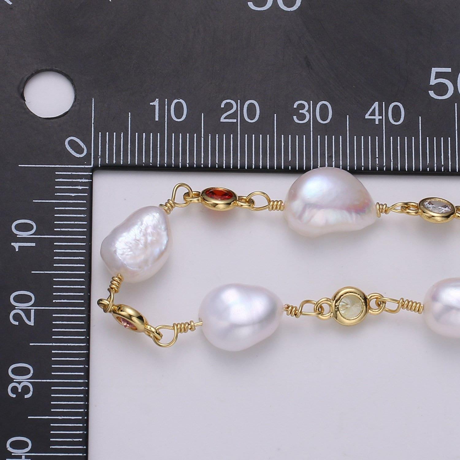 Fresh water pearl large pave charm 24k gold chain by yard, multi color round cubic chain, baroque pearl cz chain, roll-448.456,457